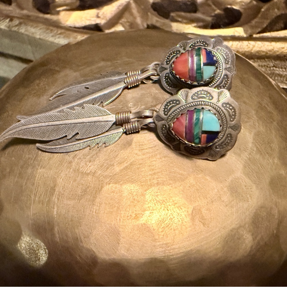 Silver vintage native Feather Earrings with Multicolor Stones